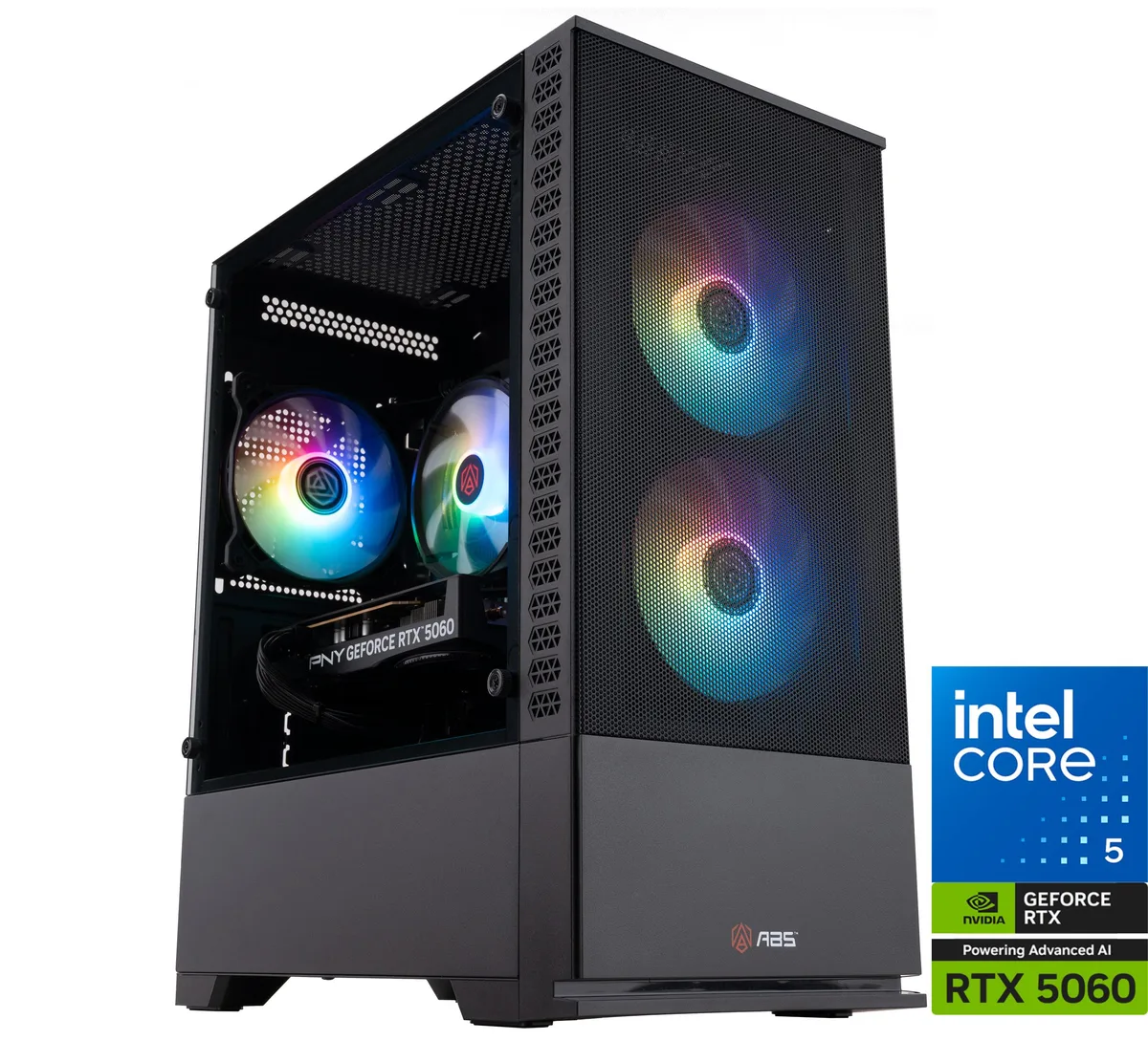 Black micro tower gaming desktop with ARGB CPU cooler visible through side panel