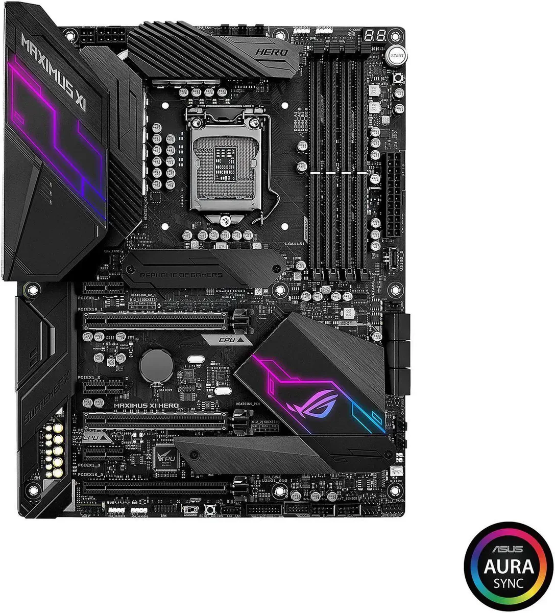 ATX motherboard with black PCB, silver heatsinks and metal I/O shield