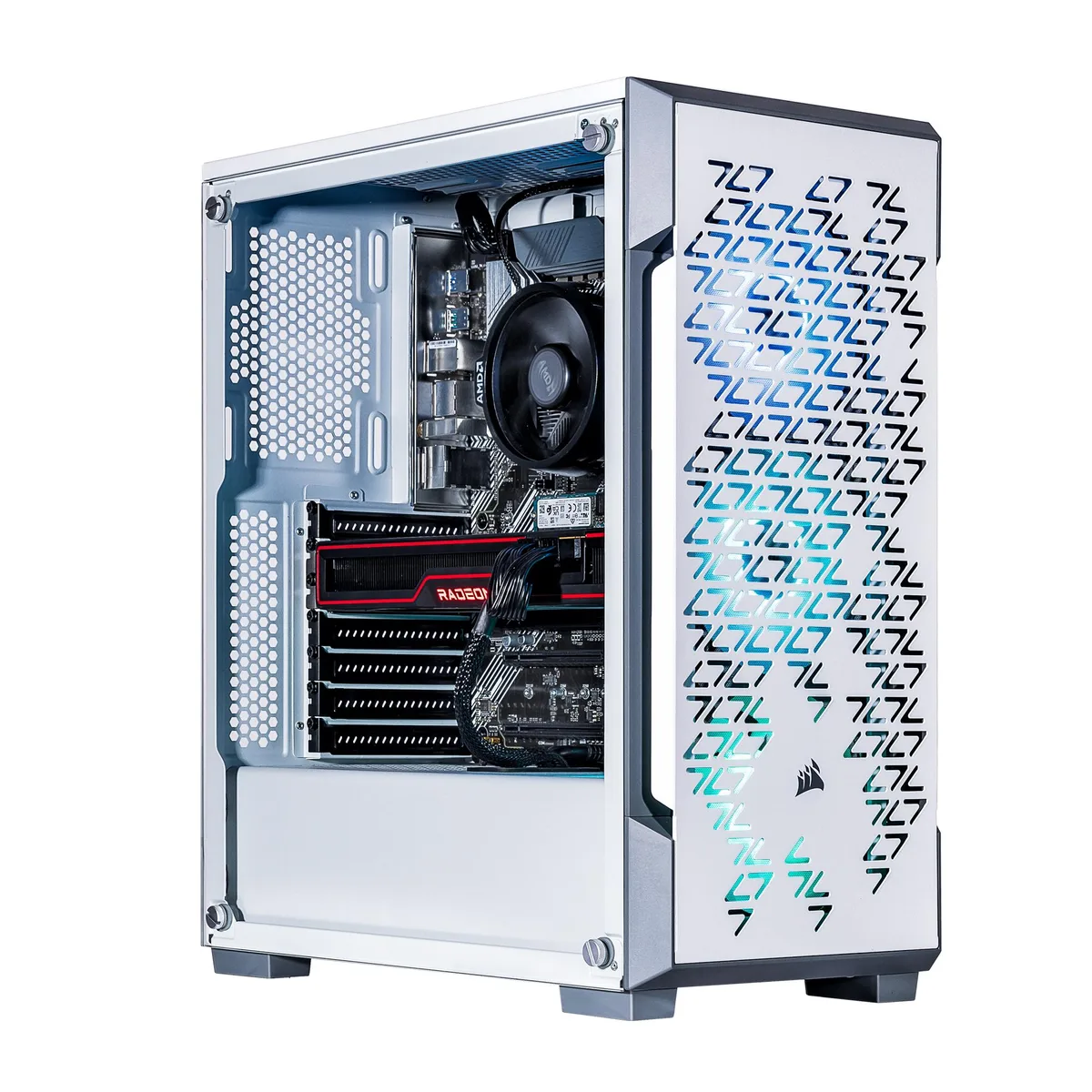 White mid-tower desktop with RGB lighting, side panel window