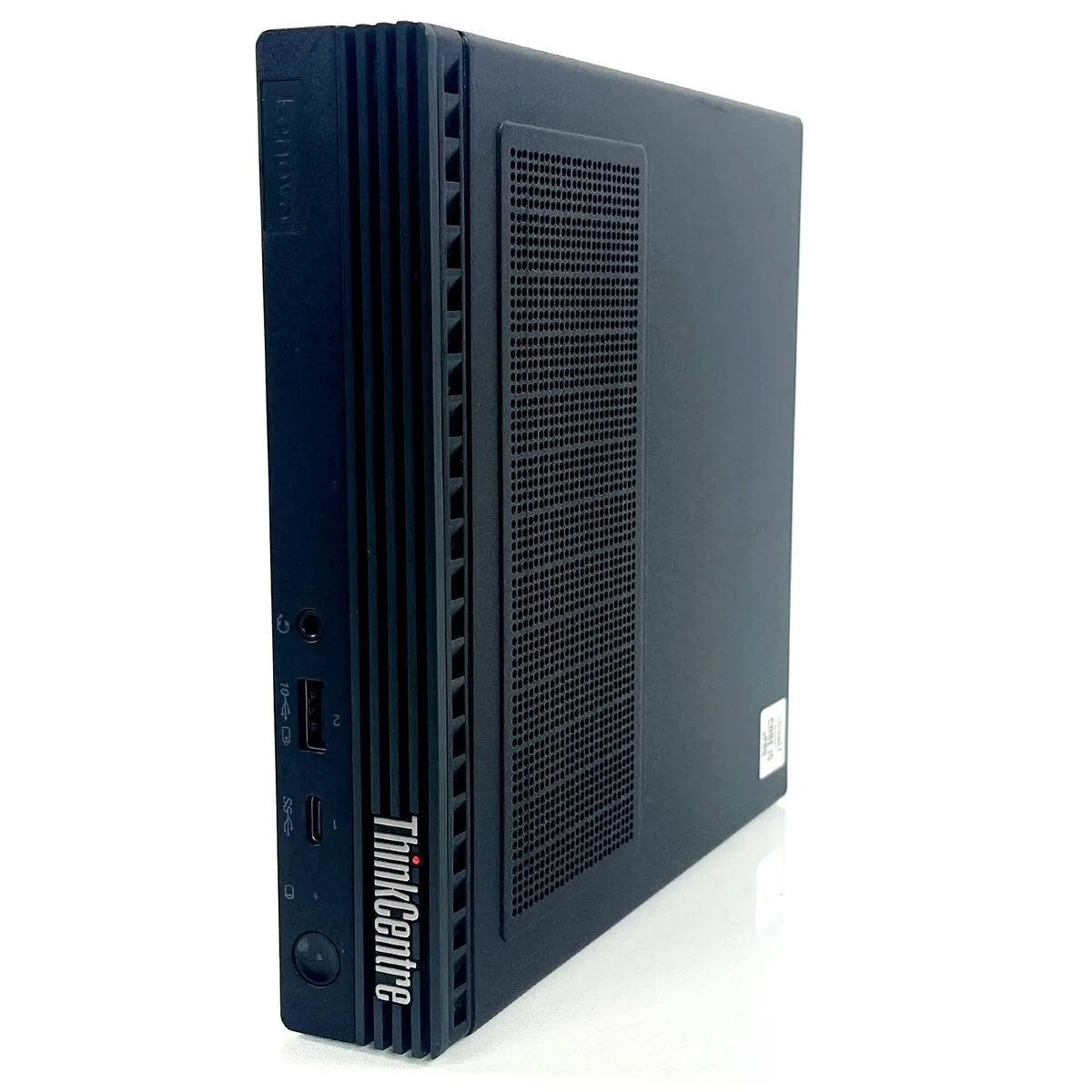 Black Lenovo ThinkCentre M90q mini desktop, compact cube shape, matte finish