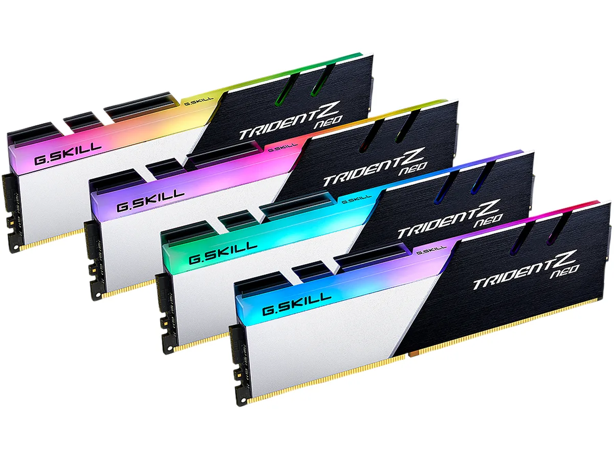 Four black and silver DDR4 modules with RGB lighting