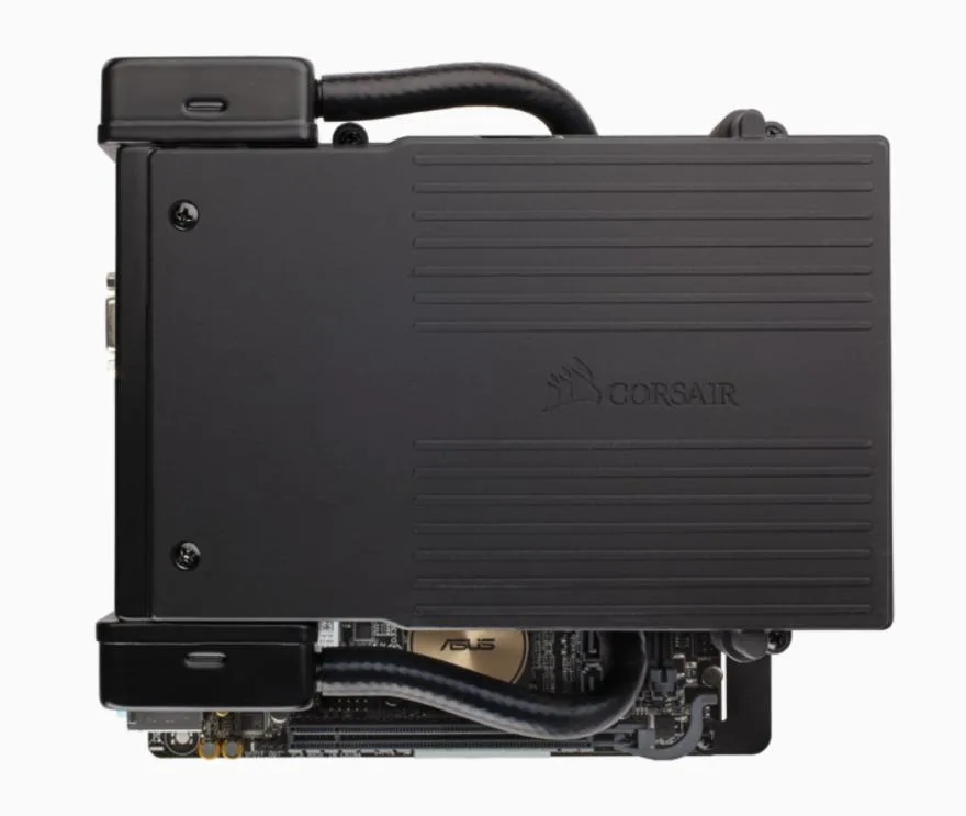 Compact black liquid cooler with 120 mm blower fan and copper cold plate