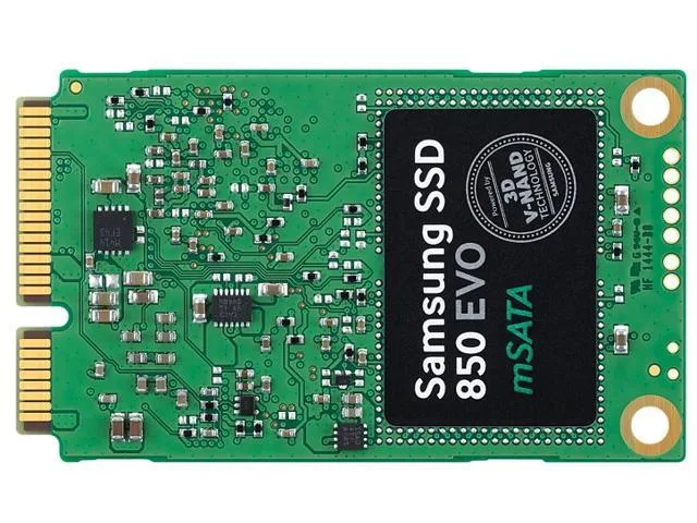 Small rectangular mSATA SSD circuit board with black label and gold edge connector