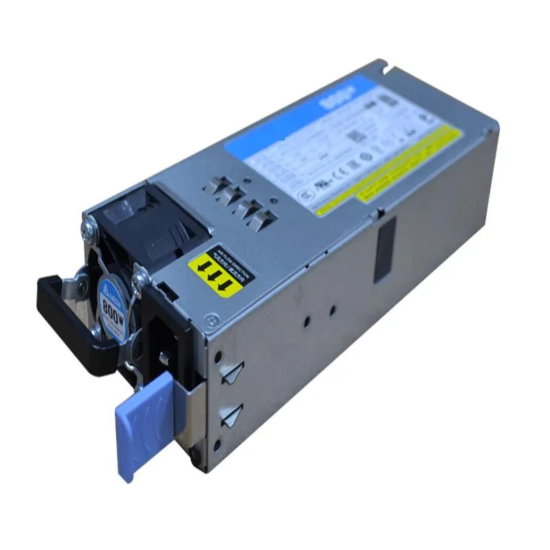 Rectangular black metal power supply unit with rear fan grille and side label