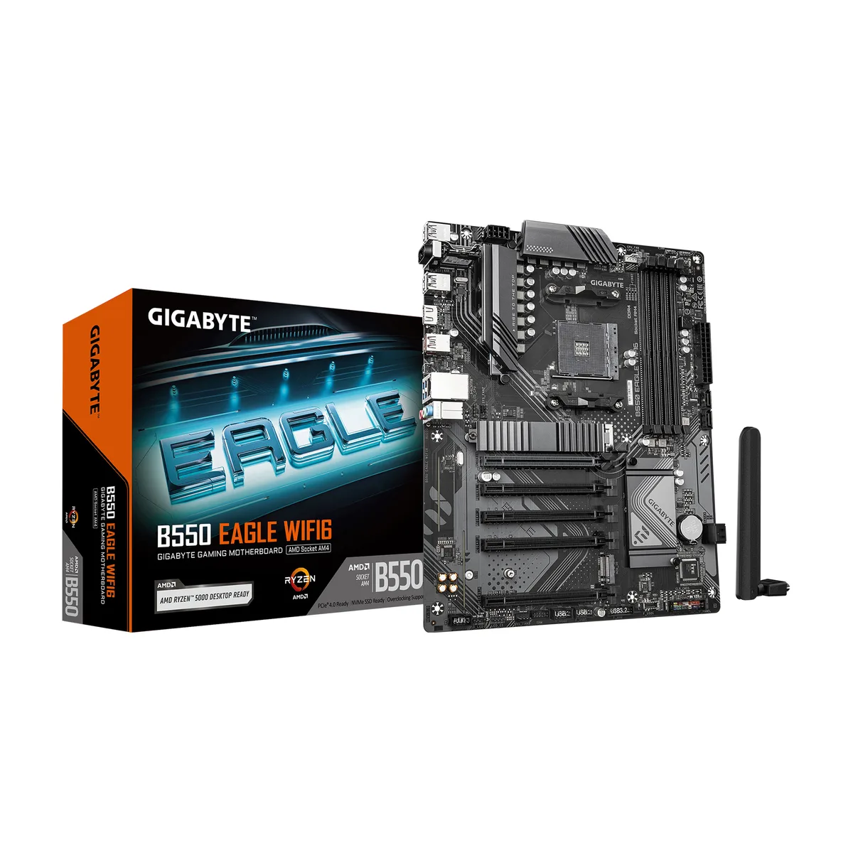 Black ATX motherboard with silver heatsinks and four DDR4 slots