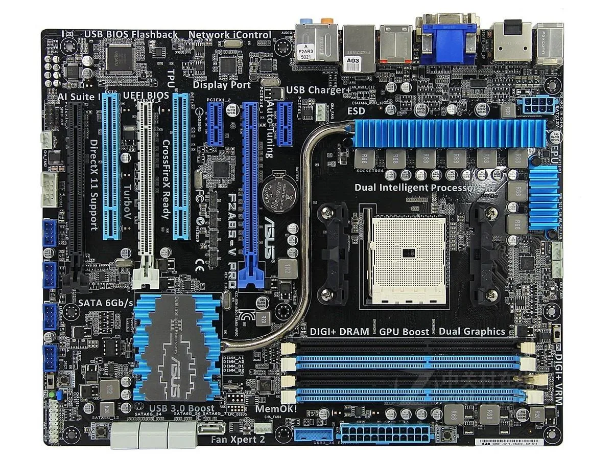 ASUS F2A85-V PRO ATX motherboard black PCB silver heatsinks