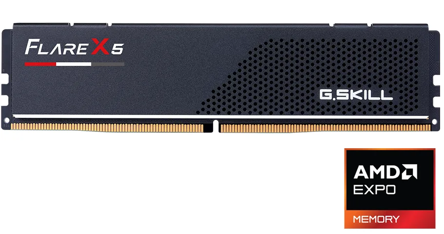 Single black low-profile DDR5 stick with 33mm heat spreader and gold contacts