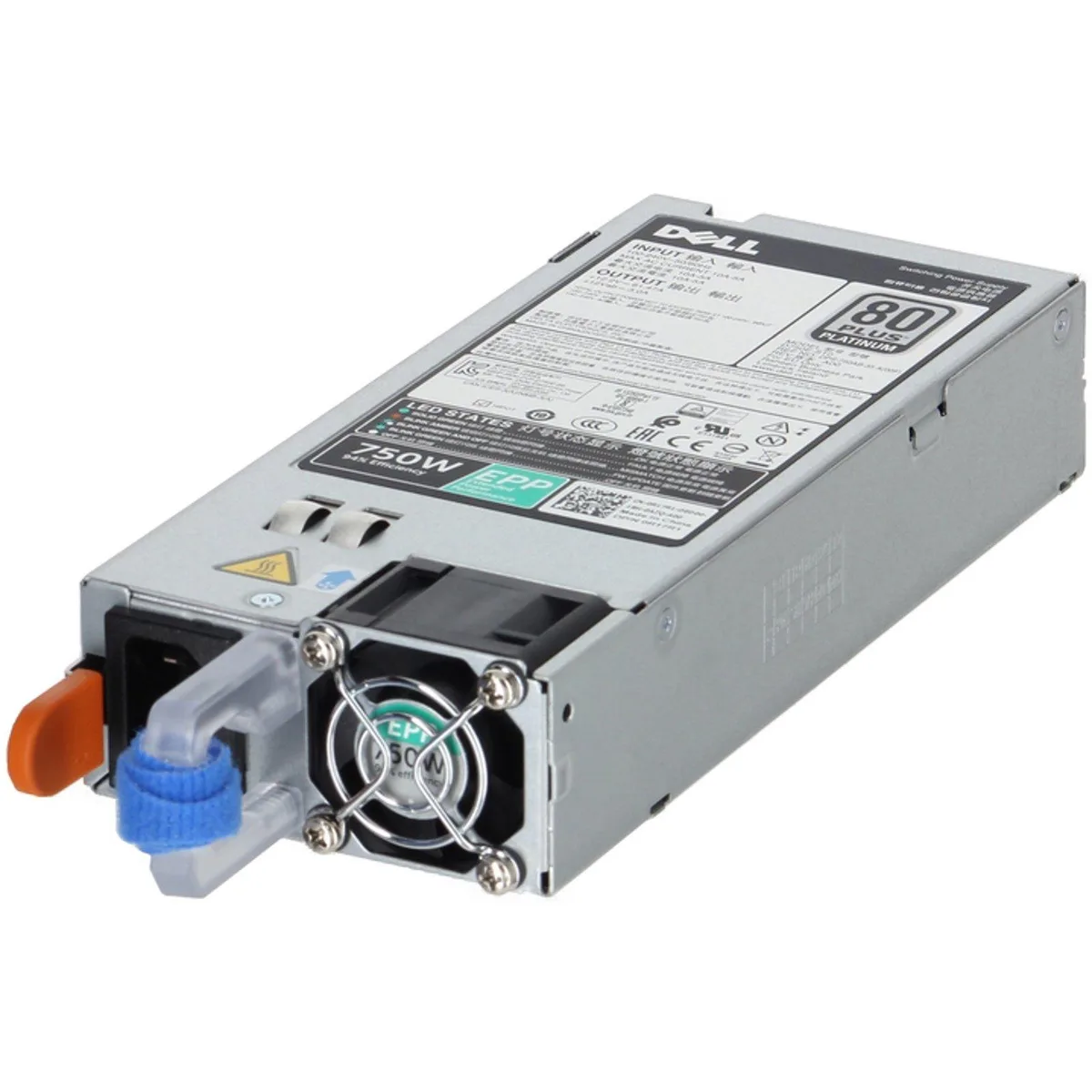 Silver rectangular Dell R17R1 750W switch power supply with reverse airflow label