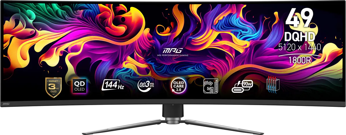 A 49-inch curved ultrawide monitor in metallic black on a height-adjustable stand