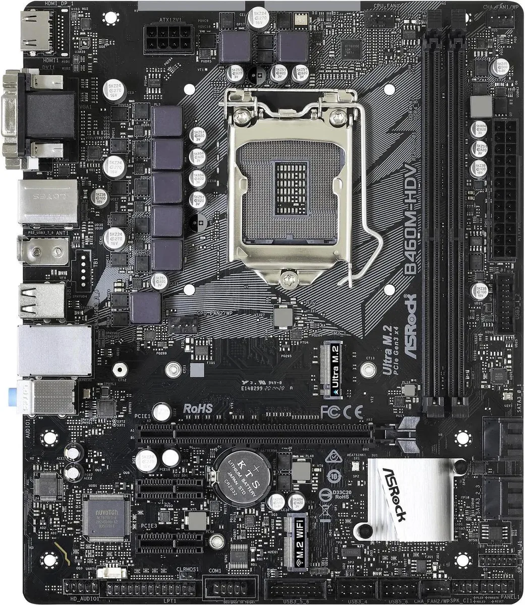 Green Micro ATX motherboard with silver CPU socket, two black RAM slots, one long PCIe slot, two short PCIe slots