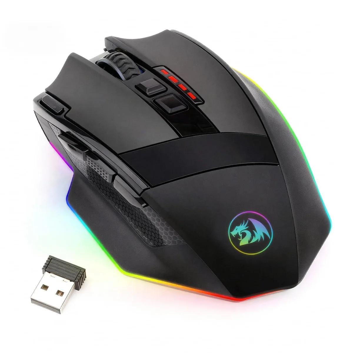 Black right-handed gaming mouse with 16 buttons and RGB lighting