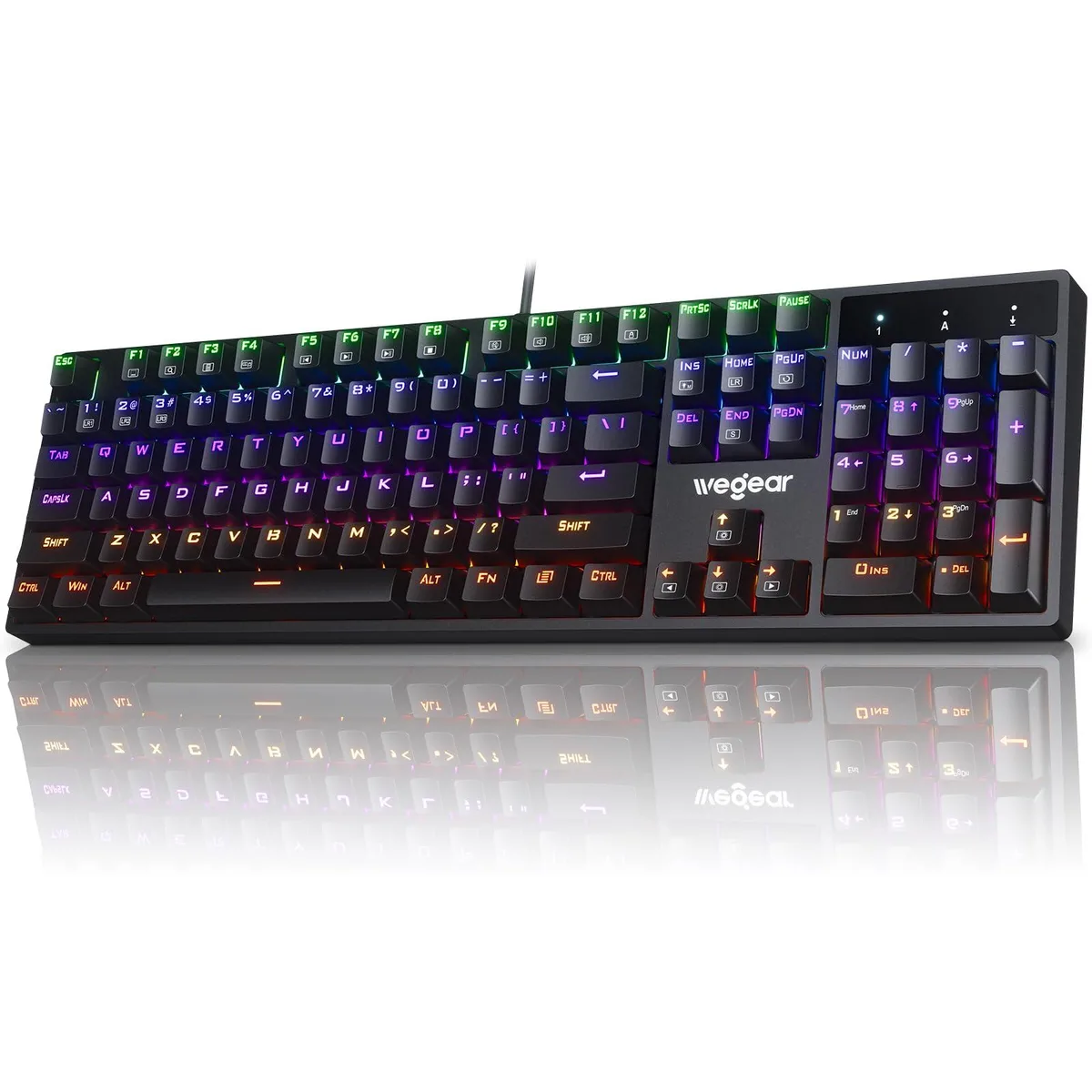 Black full-size mechanical keyboard with RGB backlighting and USB-A cable