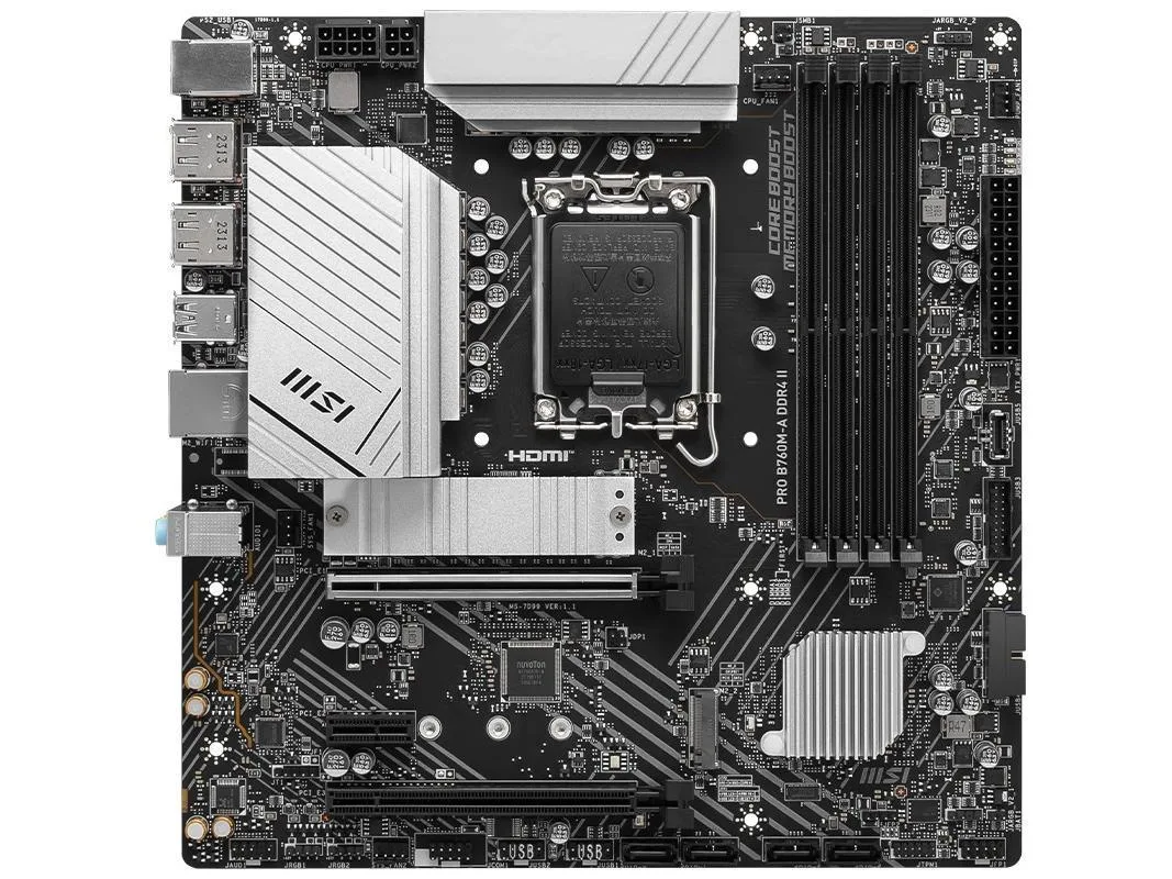 Green Micro ATX motherboard with silver heatsinks and black slots