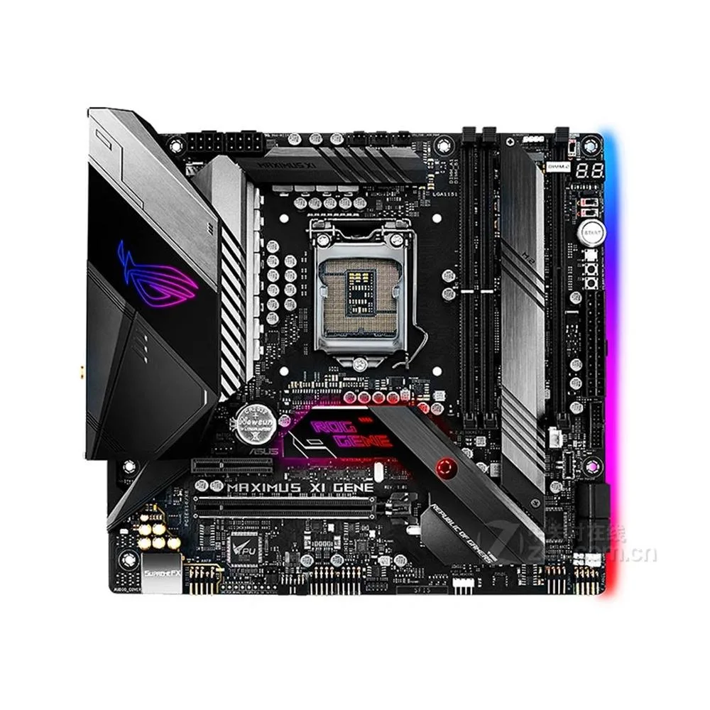 Micro ATX motherboard in black with metal heatsinks and I/O shield