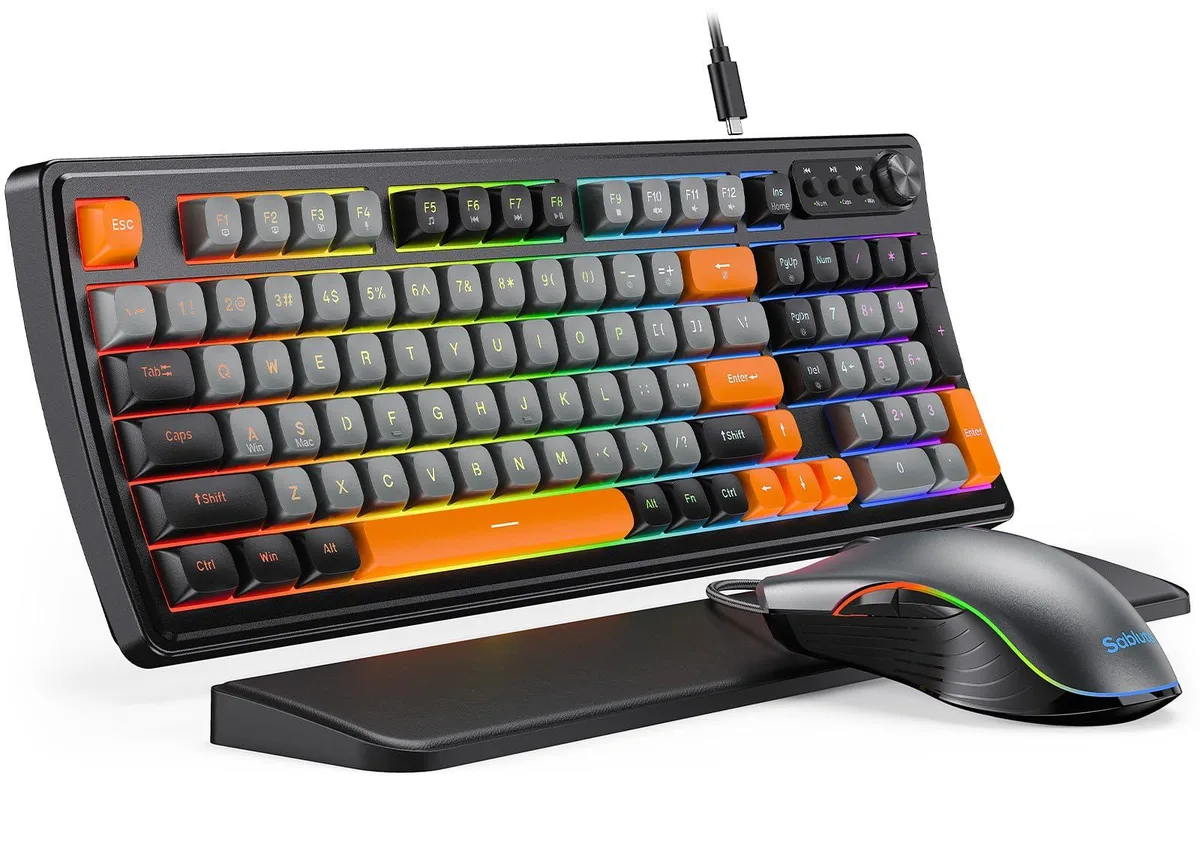 Black 98-key membrane keyboard with RGB lighting, detachable wrist rest, multimedia knob and matching ambidextrous mouse