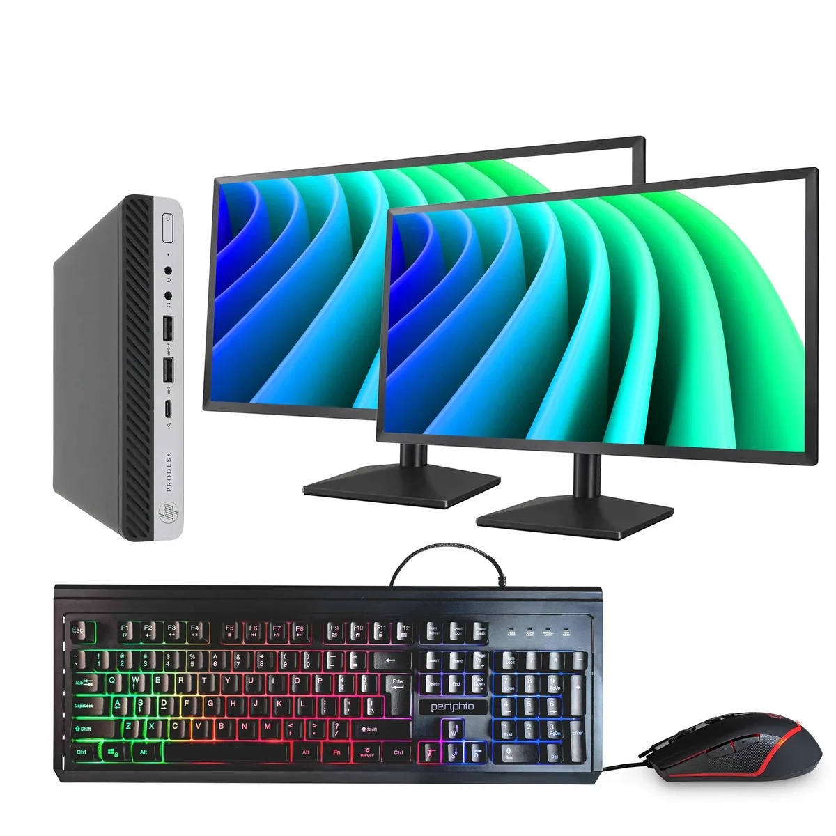 Black and silver HP ProDesk 600 G5 mini desktop with two 24 inch monitors
