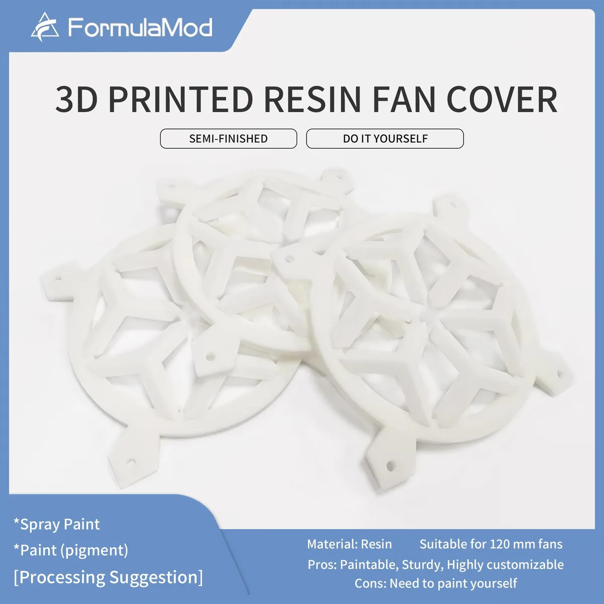 Three unpainted white resin 3D printed fan covers 120 by 120 by 15 mm