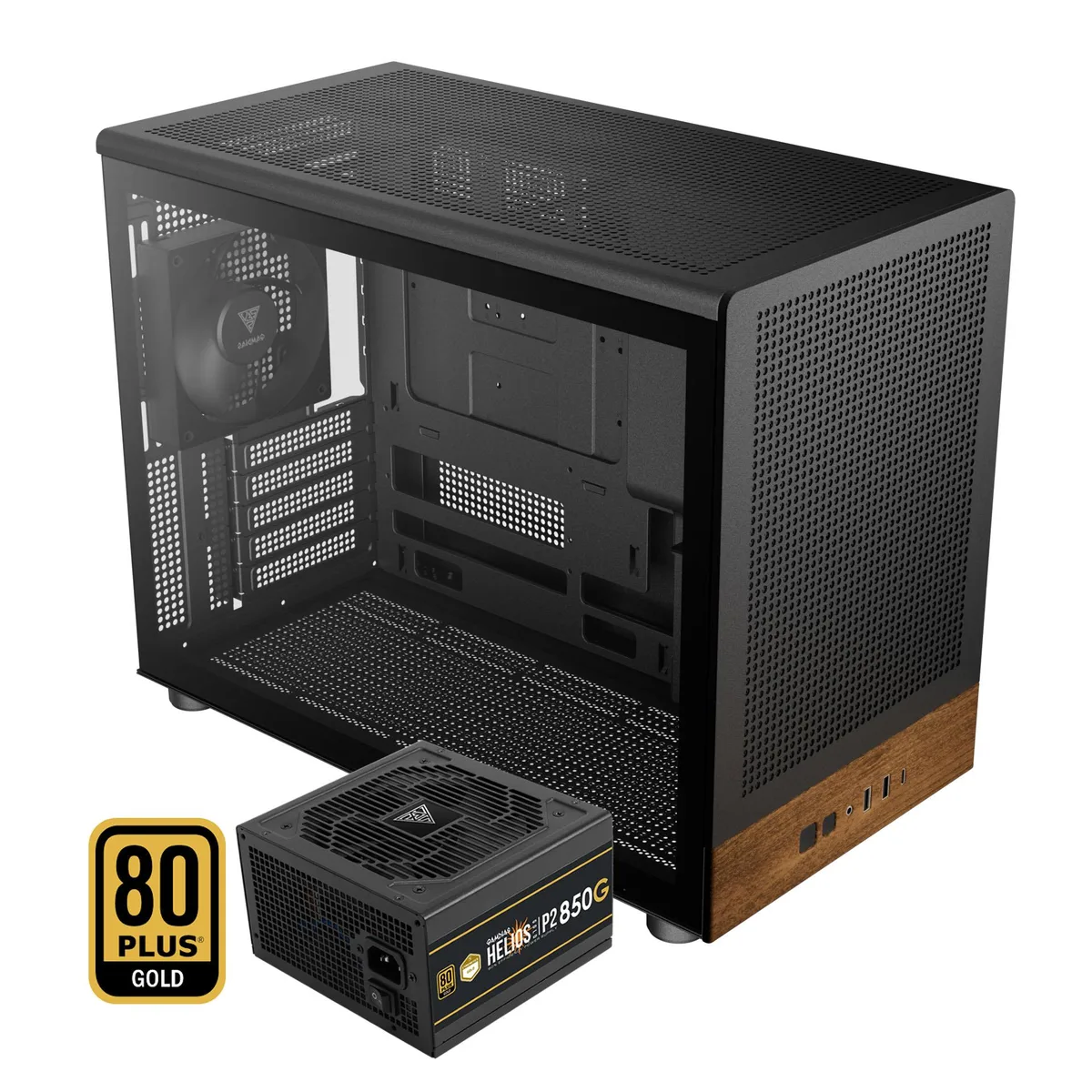 GAMDIAS Technology GAMDIAS Technology ATHENA M4M WOOD PC case 850W 80+ GOLD PSU 395mm GPU 360mm radiator support — product photo