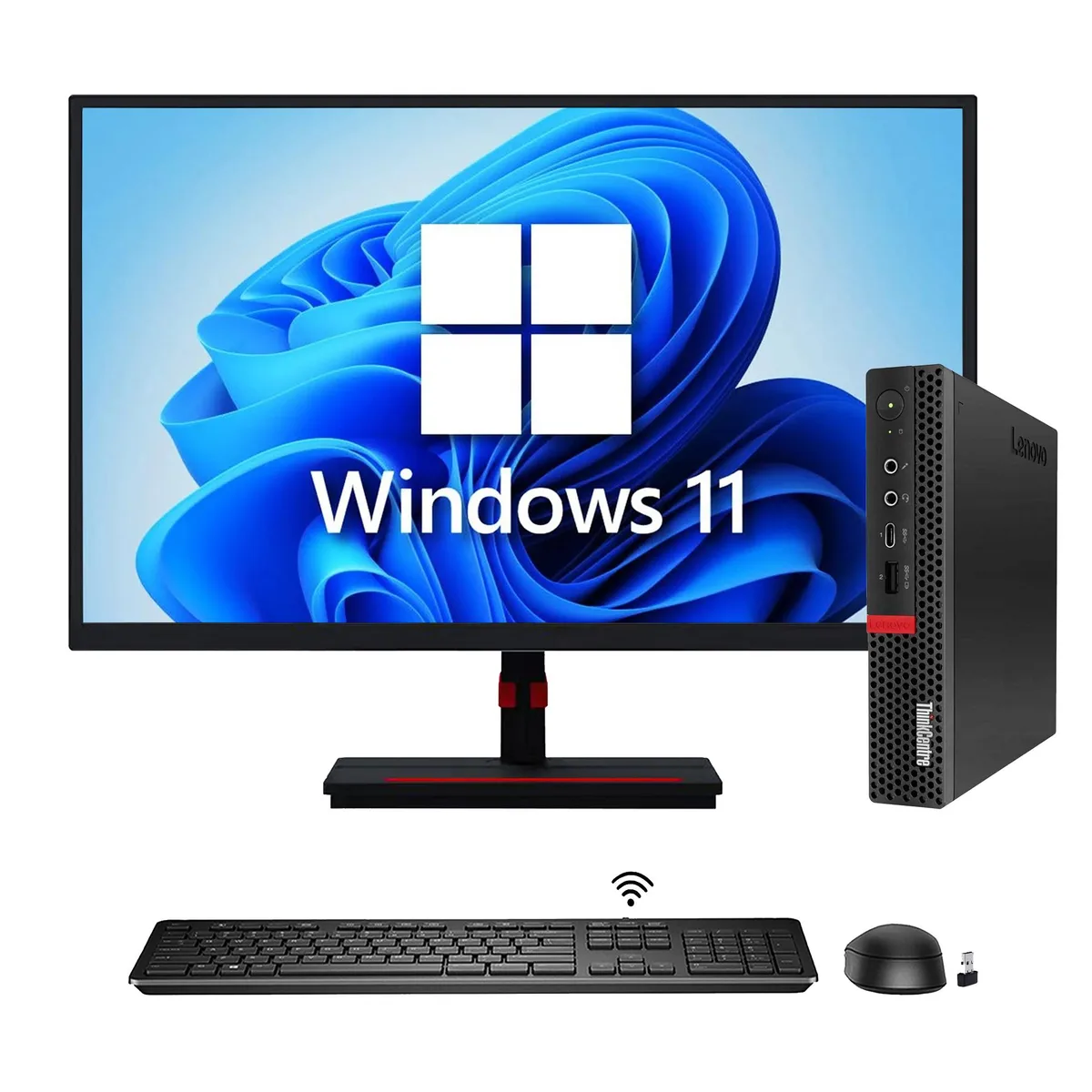 Small black cube desktop and 22-inch monitor with wireless keyboard and mouse
