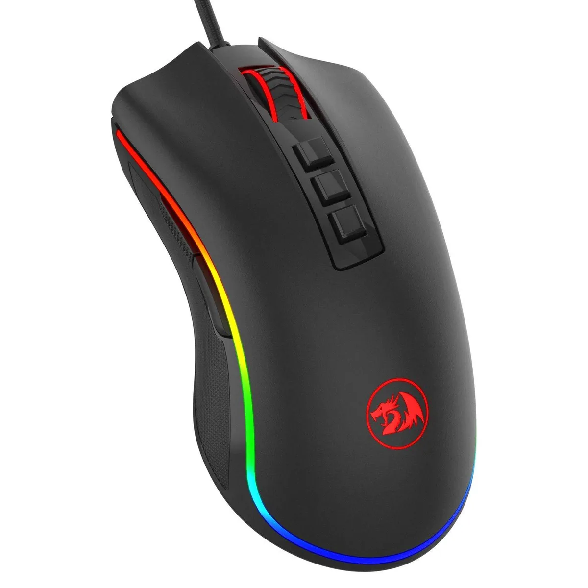 Black right-handed gaming mouse with RGB lighting and 16 buttons