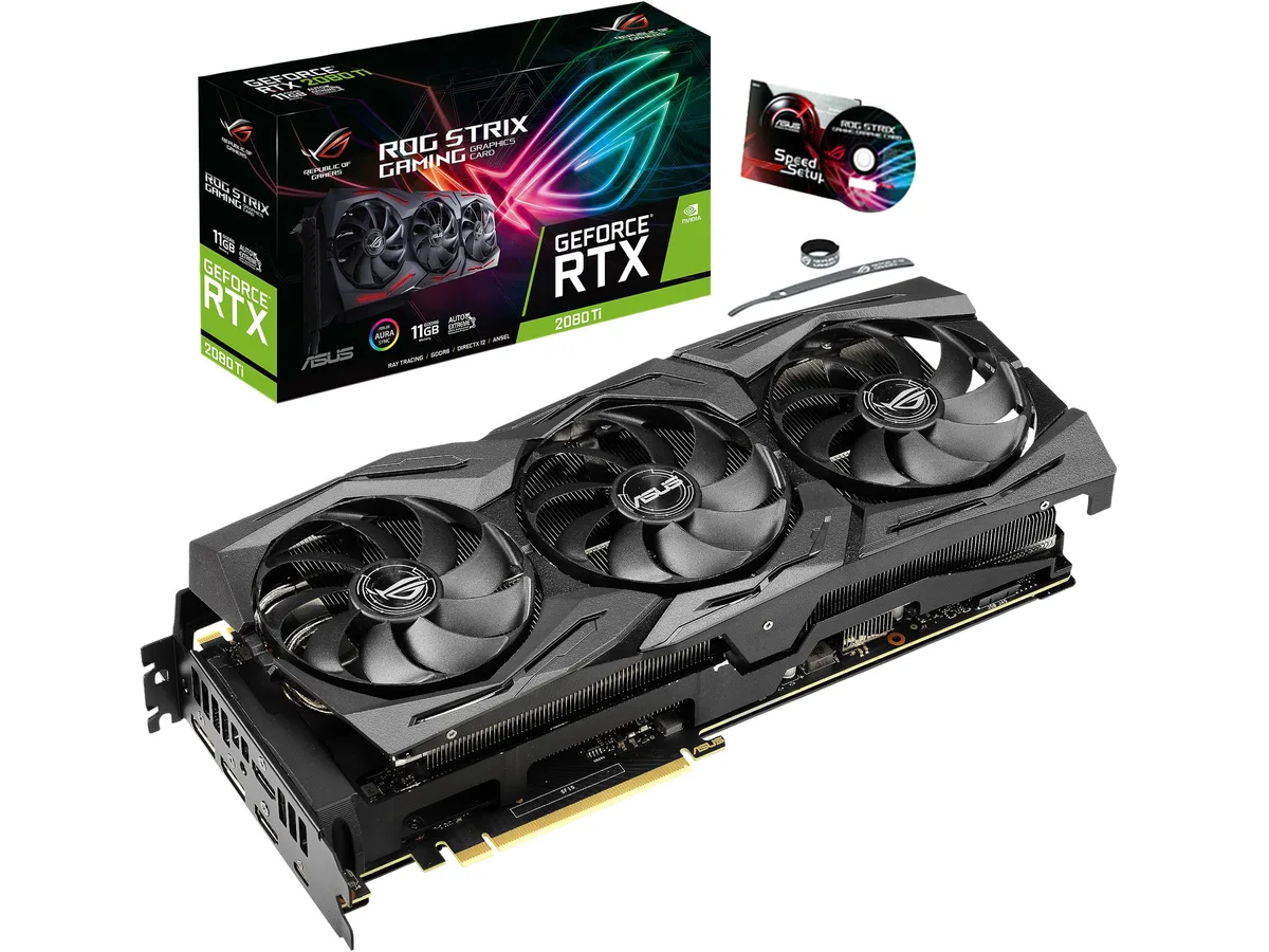 ASUS ROG Strix RTX 2080 Ti graphics card with triple-fan cooler, silver-grey shroud and RGB lighting