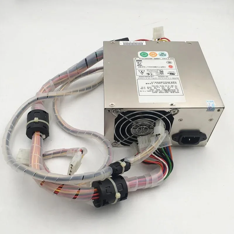 Silver ATX power supply unit with cooling fan grille