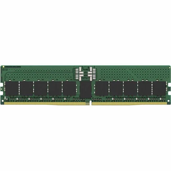 Green printed circuit board with black memory chips and gold edge connectors