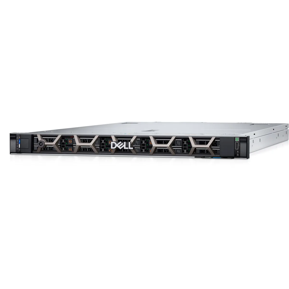 Silver 1U rack server with front drive bays and dual power supplies