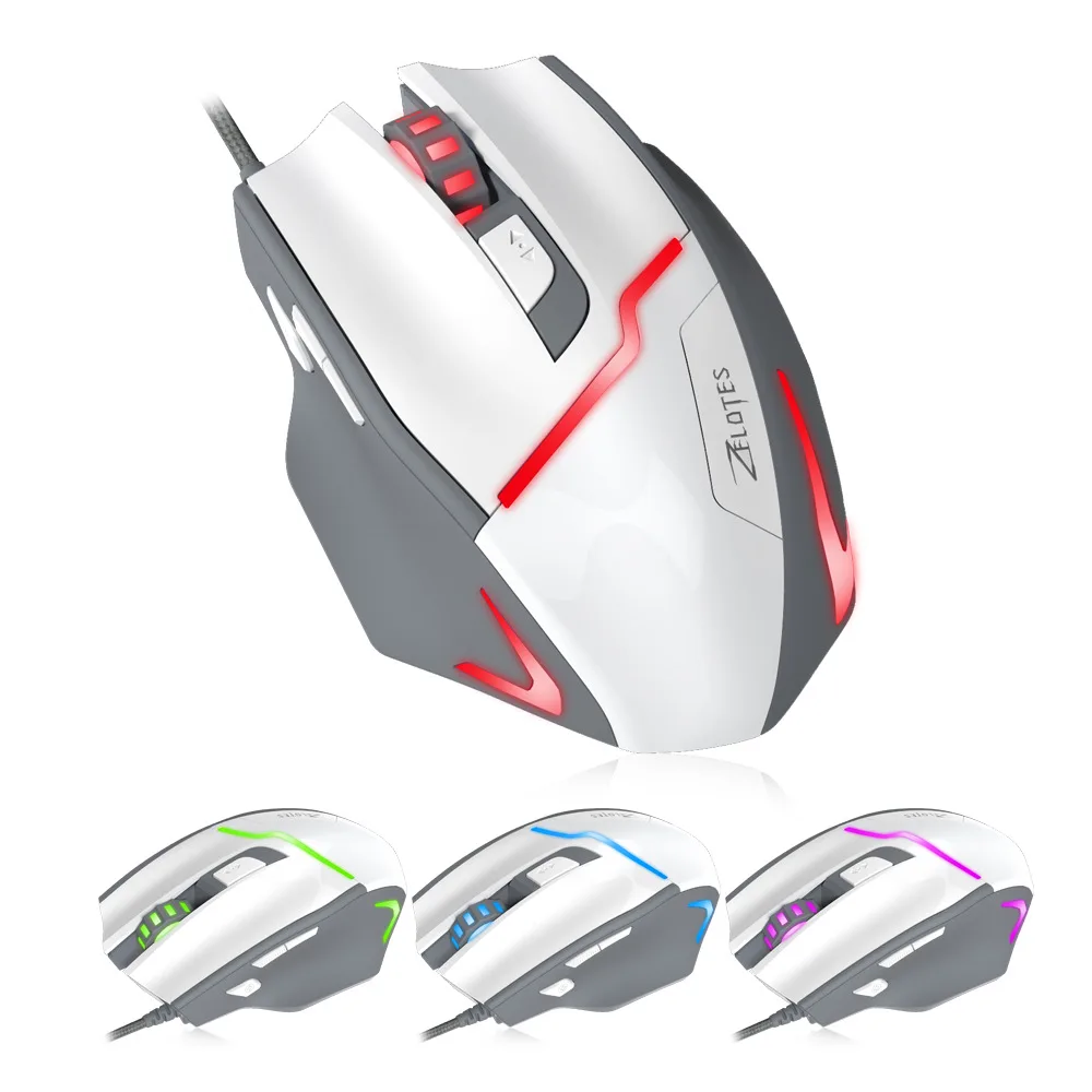White right-handed wired gaming mouse with braided cable and seven buttons