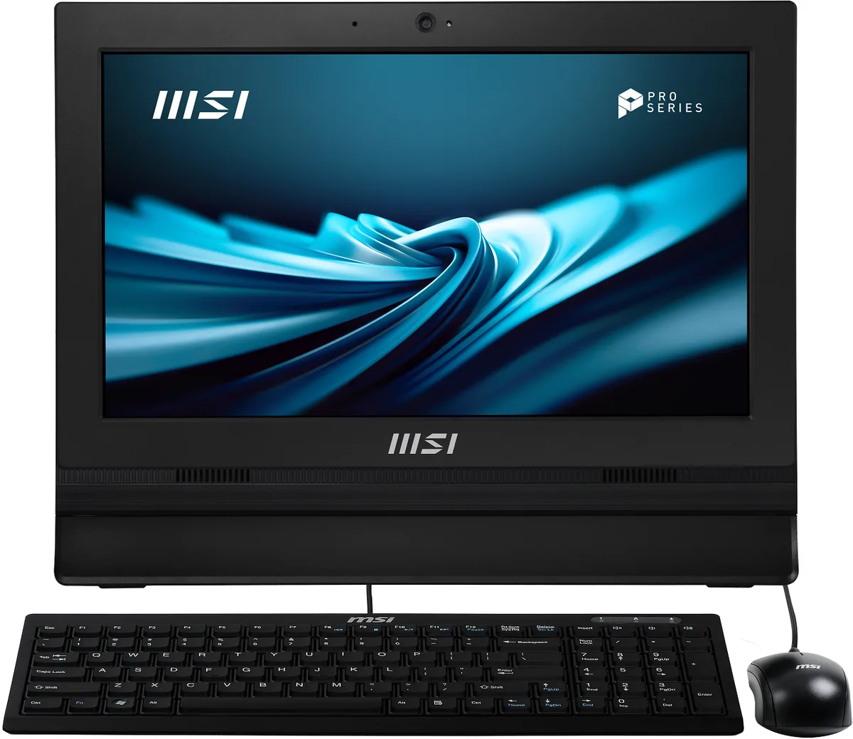 Black all-in-one PC with 15.6 inch touchscreen display on fixed stand