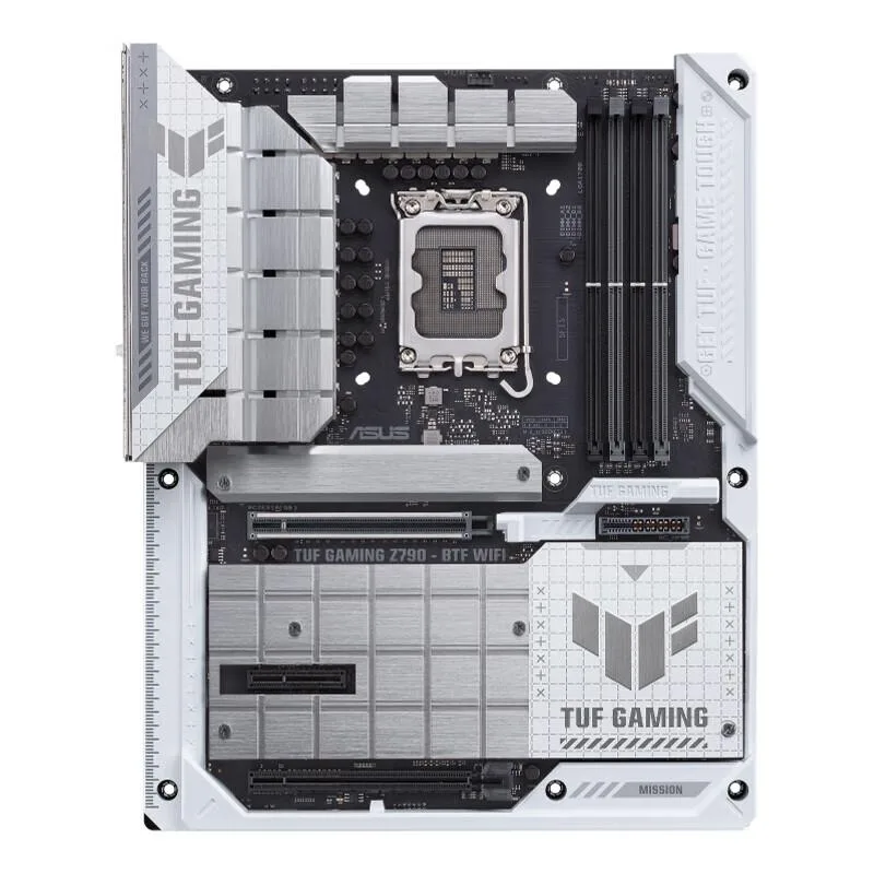 ATX motherboard with dark heatsinks and metal I/O shield