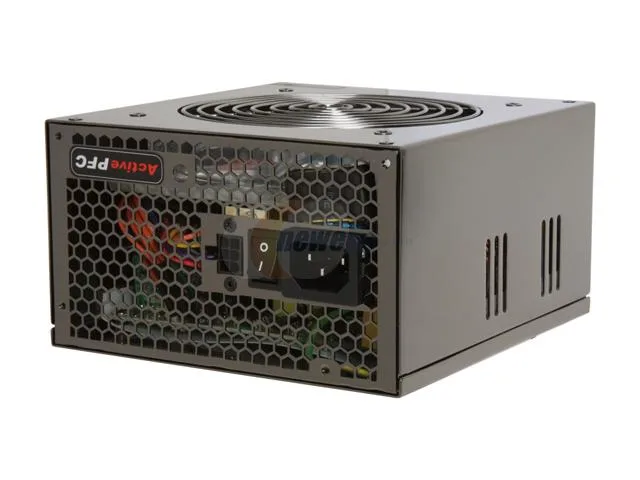 Black rectangular ATX power supply unit with single fan visible