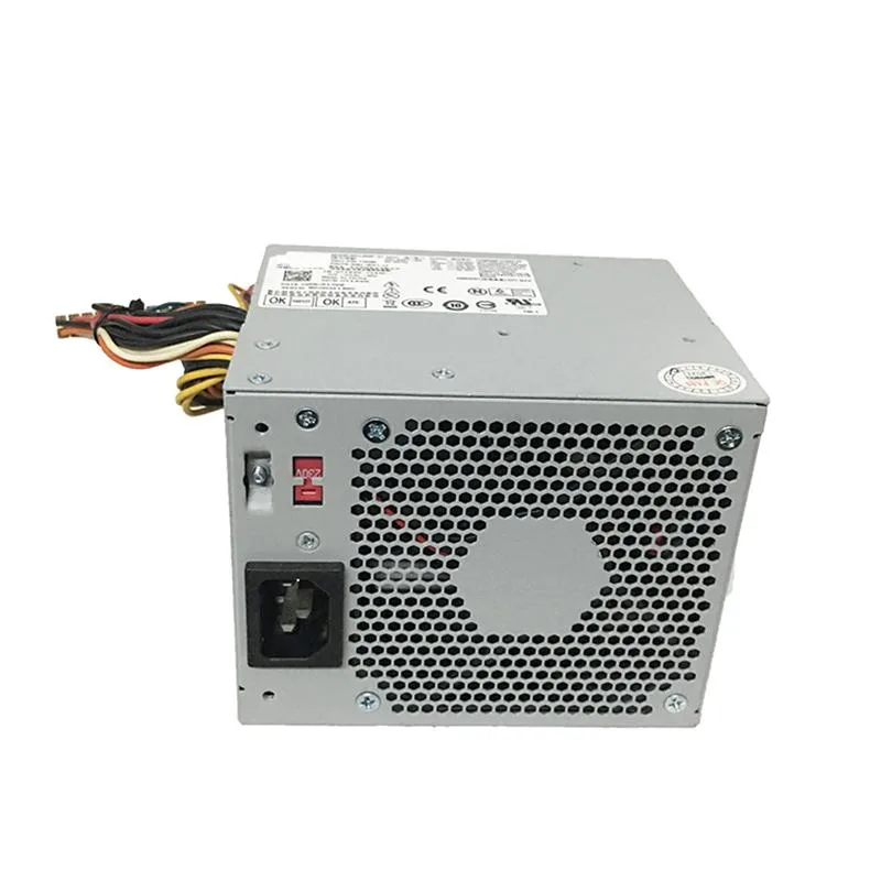 Rectangular metal ATX power supply unit with ventilation grill and label sticker