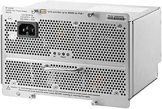 Rectangular silver power supply unit with label HPE 5400R 1100W PoE+ ZL2