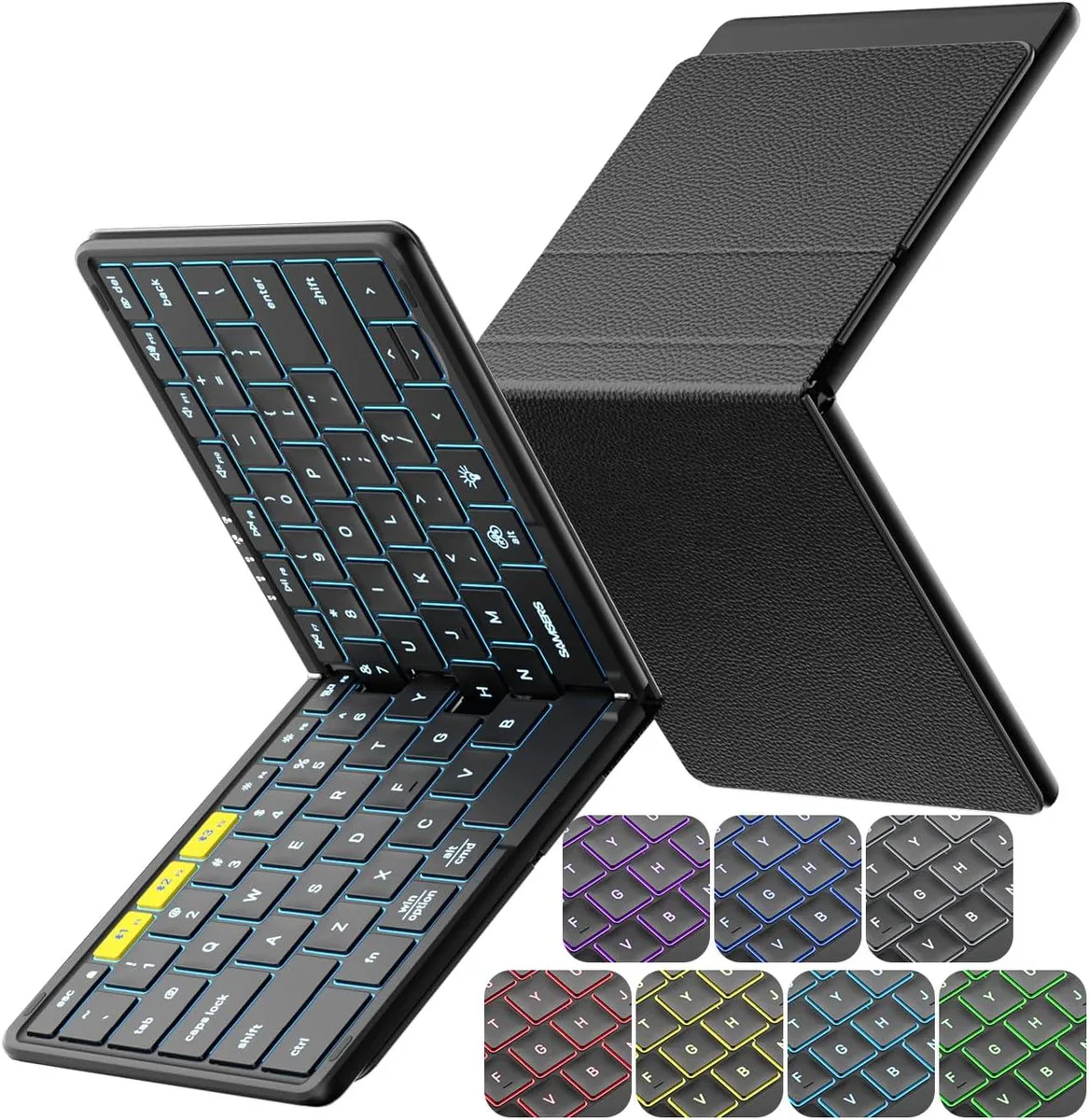 A black foldable keyboard with backlit keys and leather cover