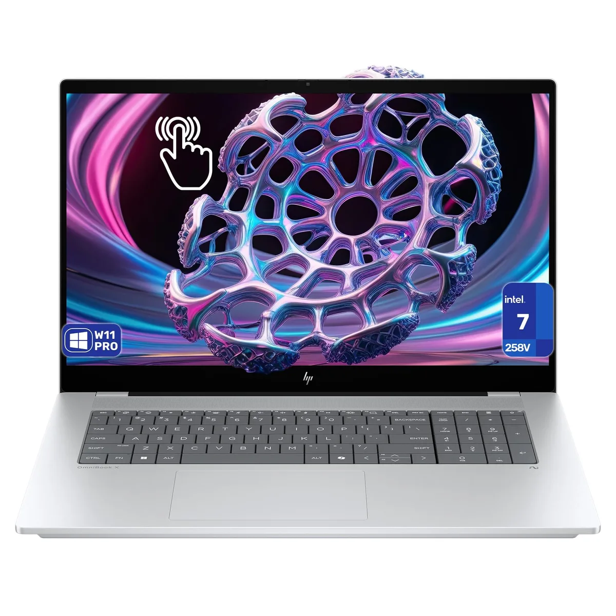 HP OmniBook X-2 laptop, Glacier Silver matte finish, 17.3 inch touchscreen, backlit keyboard