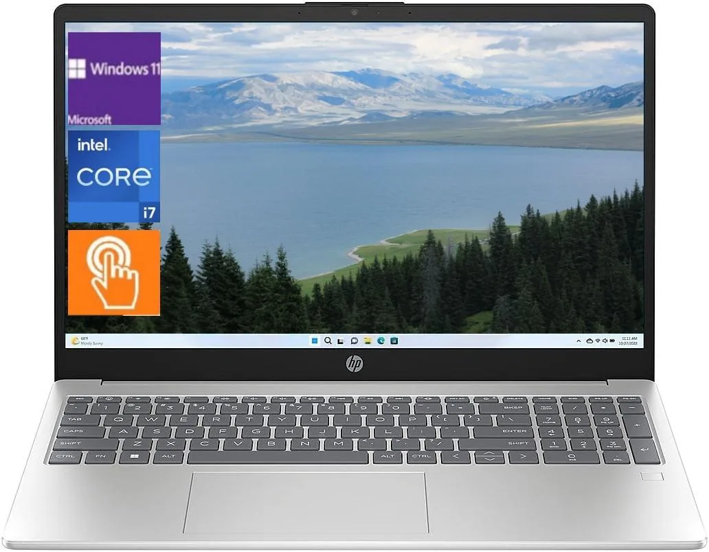 Silver 17.3 inch HD+ touchscreen laptop, slim profile, backlit keyboard