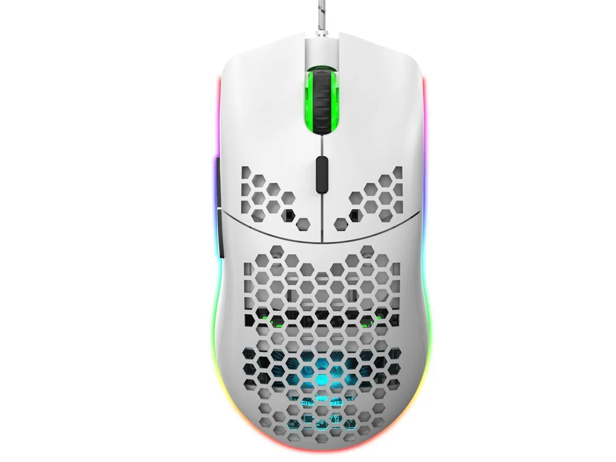 White honeycomb-shell gaming mouse with RGB lighting, wired USB connection