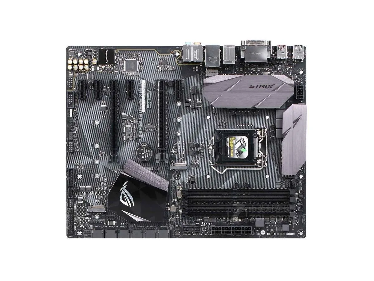 ATX motherboard with black PCB and silver heatsinks