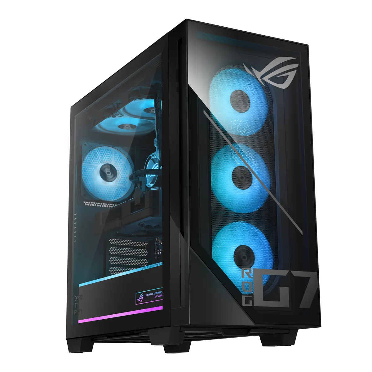 Black tower desktop with transparent front and side panels, RGB keyboard and mouse