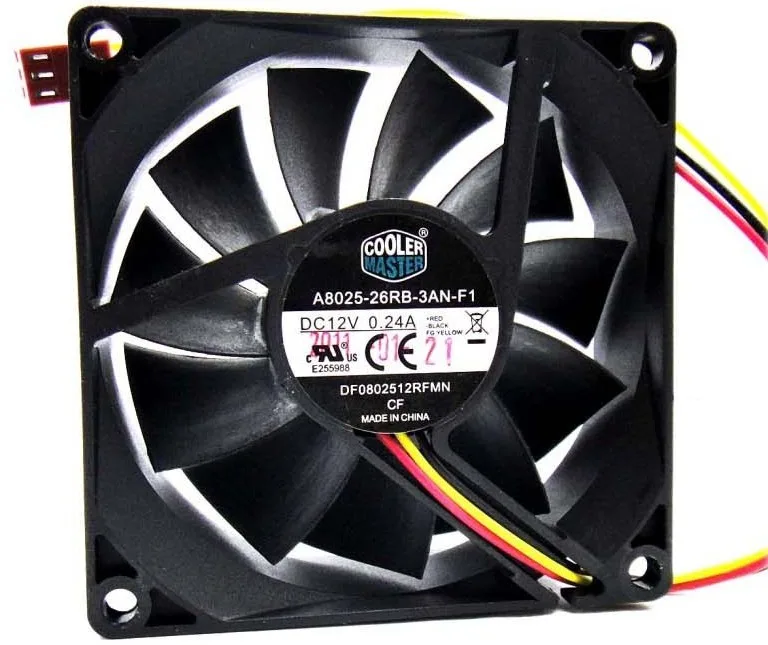 Black 80mm square cooling fan with 3-pin power connector