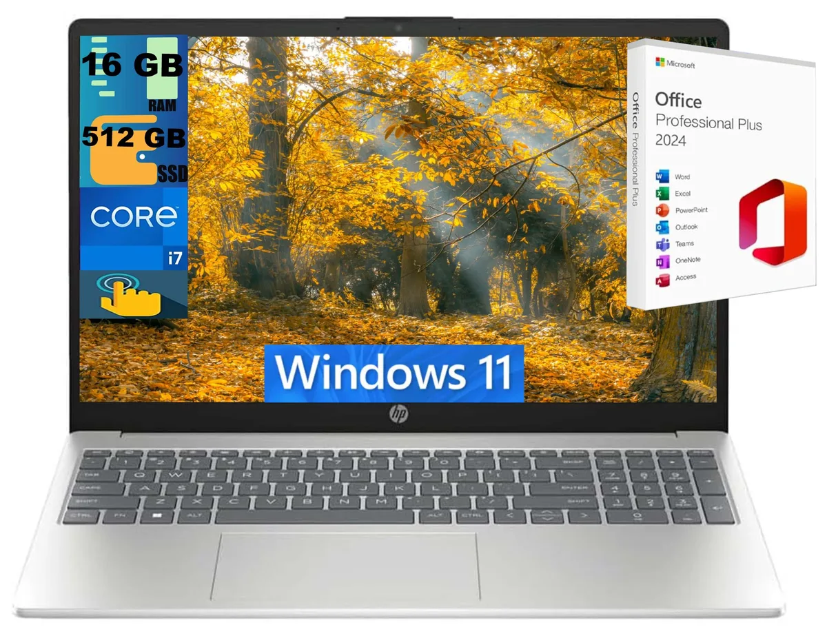 HP HP 15 Laptop Intel Core i7-1355U 10-core 16GB 512GB SSD 15.6" FHD Touchscreen Silver — photo du produit