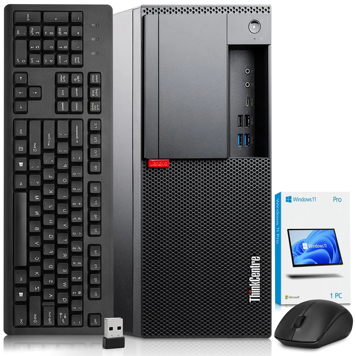 Black tower desktop with wireless keyboard and mouse