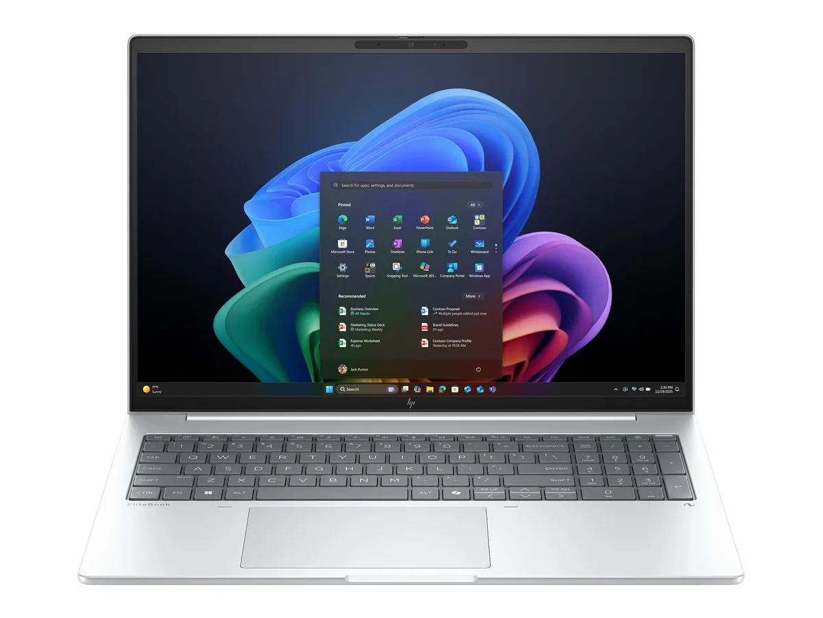 Silver 16-inch laptop, thin tapered profile, matte finish