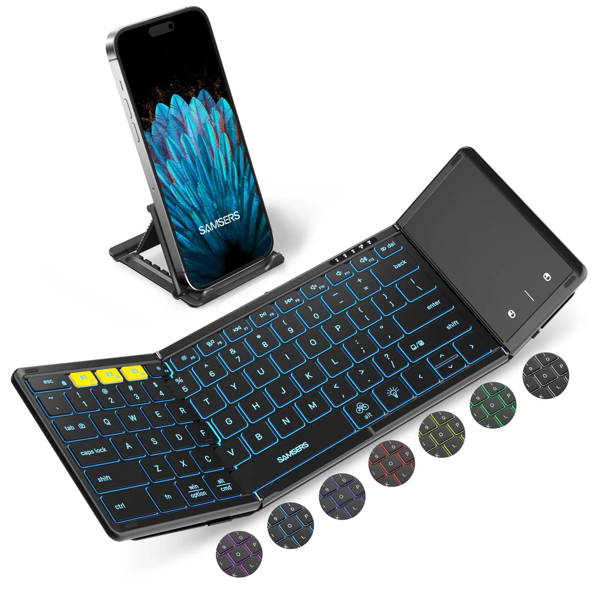 Black foldable full-size keyboard with integrated trackpad, scissor keys and single-colour backlight