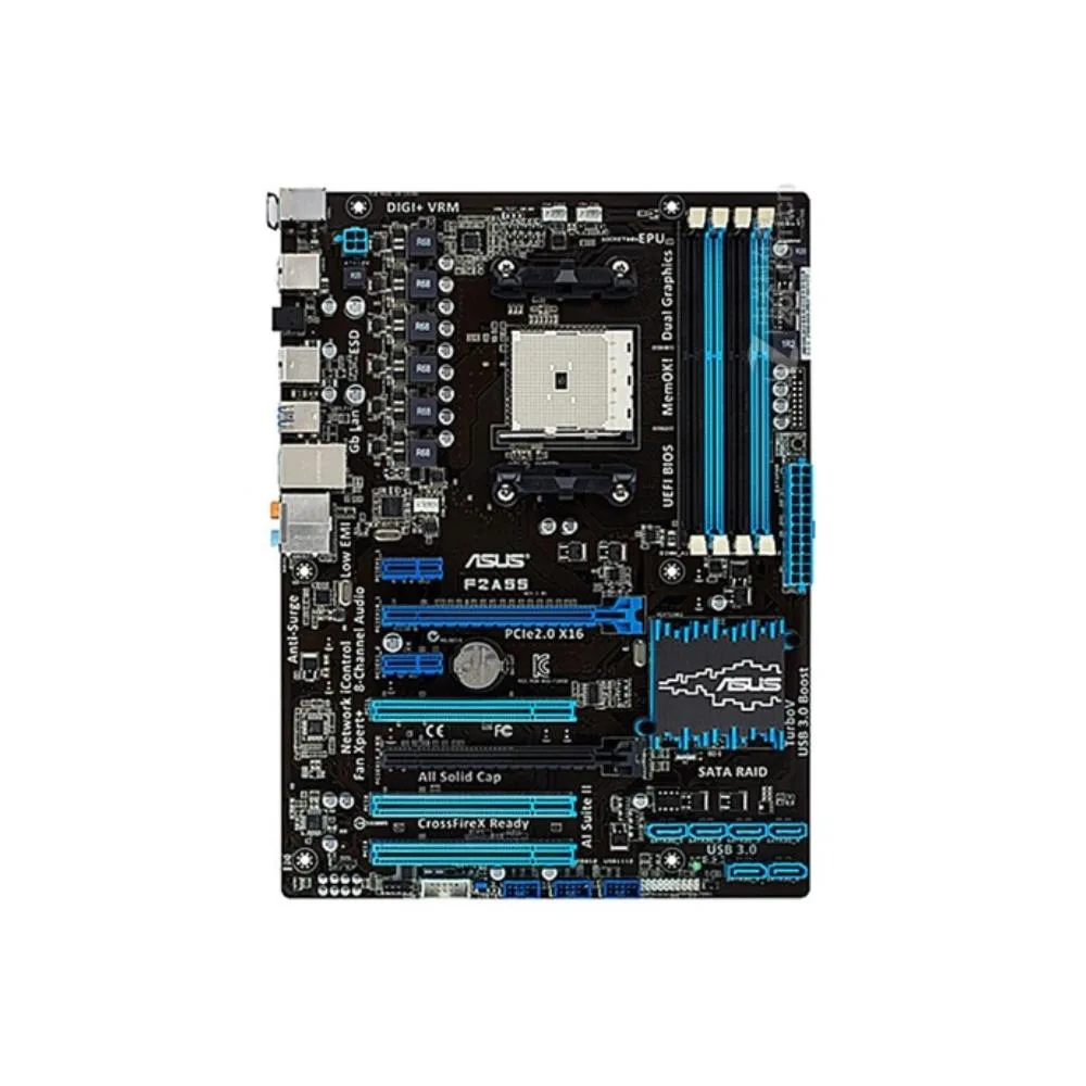 ASUS F2A55 ATX motherboard with DDR3 slots and SATA ports