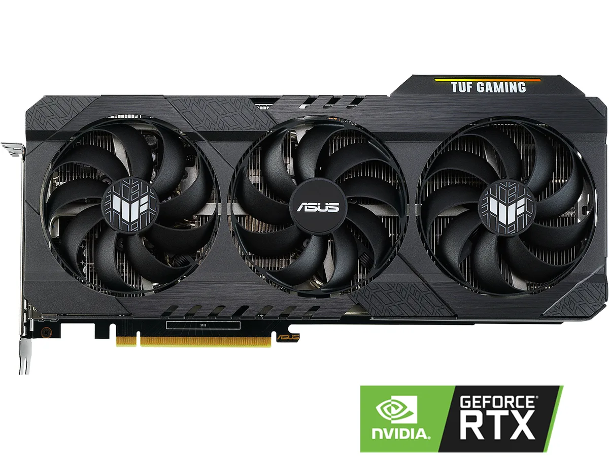 ASUS TUF Gaming RTX 3060 Ti graphics card with triple fans and metallic backplate