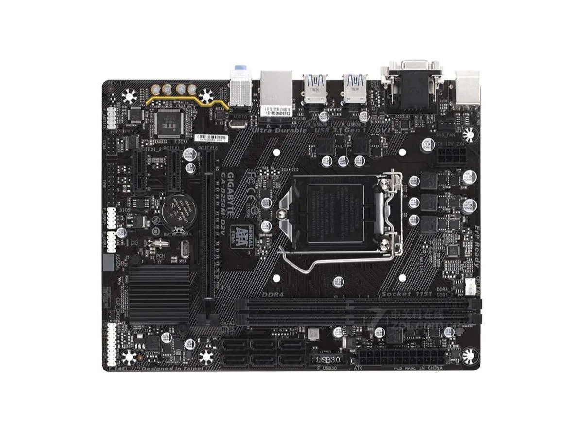 Micro-ATX motherboard with DDR4 slots and SATA cable visible
