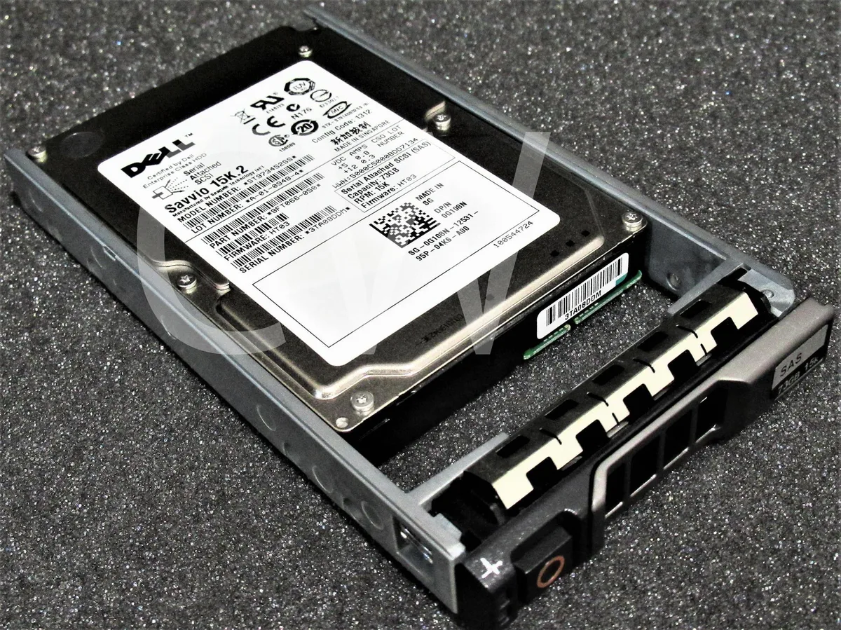 Silver 2.5 inch SAS hard drive mounted in black Dell tray