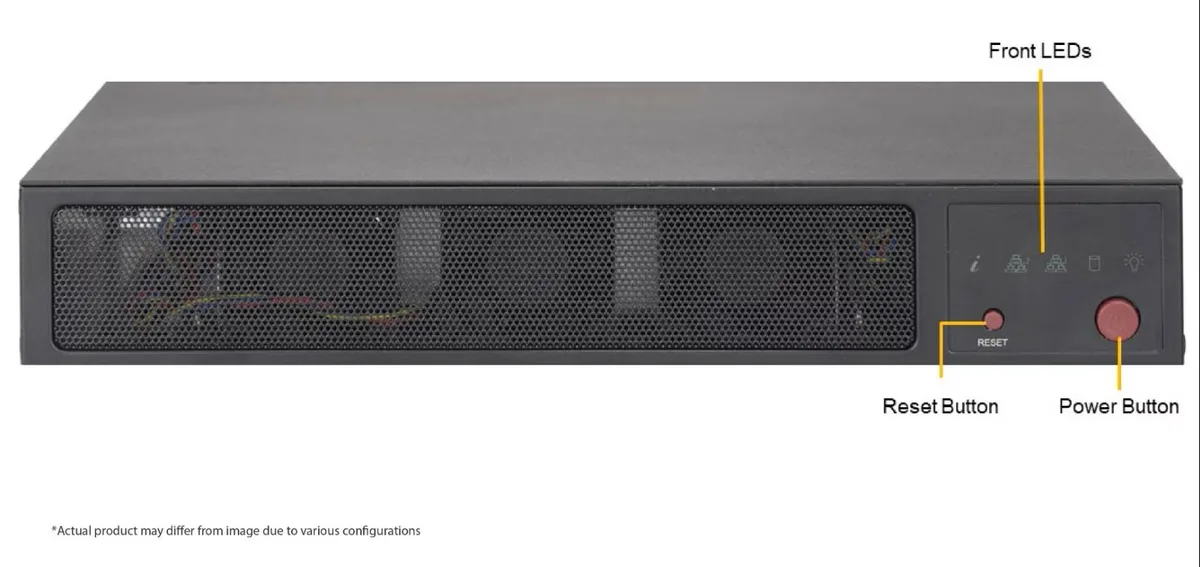 Silver 1U rack server with front LED panel and ventilation slots